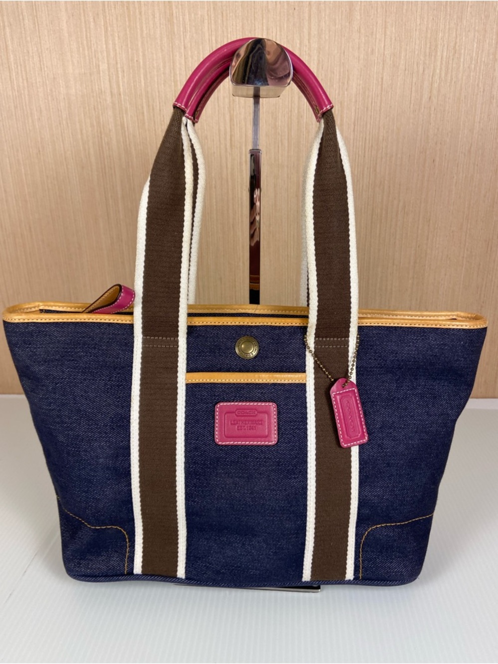 Coach Denim Tote Bag Pink Leather Trim Stripe Canvas Small Carryall Zip Top Y2K - Picture 1 of 15